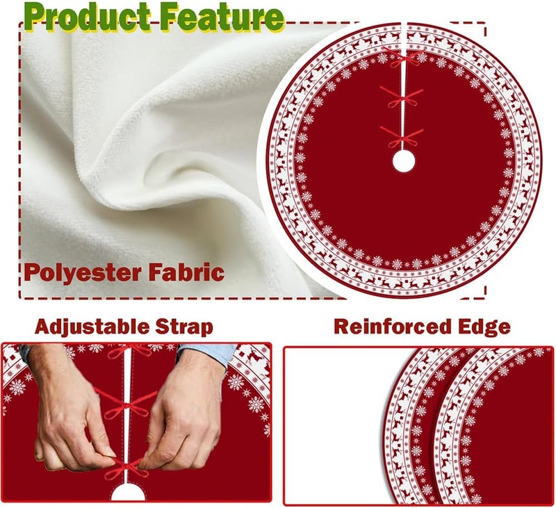 WNYLEPL Christmas Tree Skirt, Red Tree Skirts 48 Inch with Snowflake Reindeer Rustic Farmhouse Xmas Tree Skirt Christmas Decorations for Holiday Party Decor - Image 3